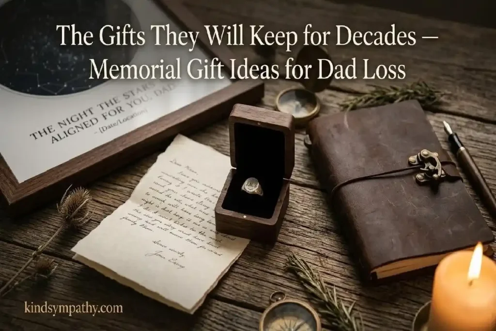 "Engraved signet ring in jewellery box beside star map print, handwritten letter and leather notebook representing lasting memorial tribute gifts for dad loss"
