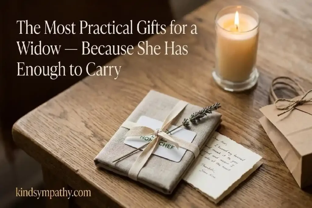 "Meal delivery gift card, handwritten note and lavender on wooden surface representing practical sympathy gifts for a grieving widow"
