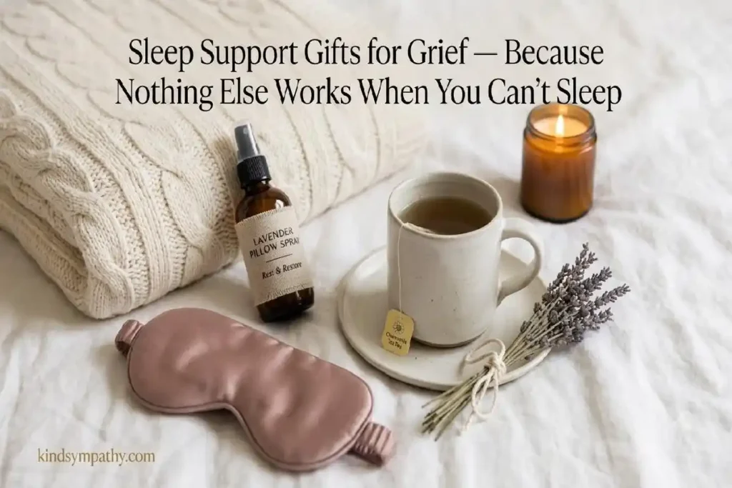 "Sleep comfort bereavement gift flatlay with weighted blanket, lavender spray, sleep mask and chamomile tea on white bedsheets"