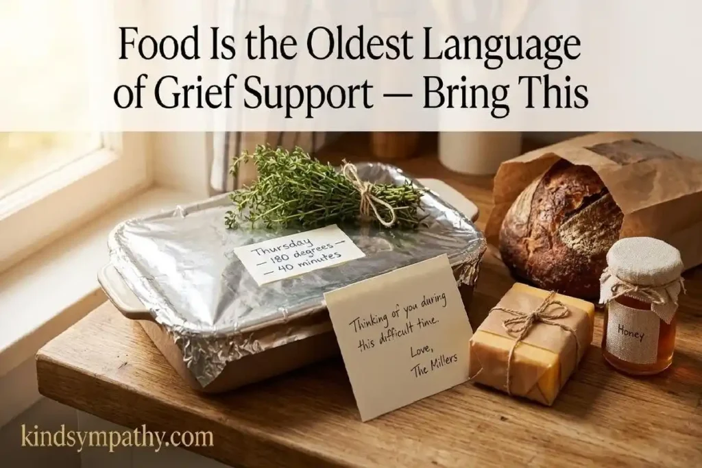 "Foil-covered casserole dish with handwritten label sourdough bread and honey on wooden counter representing food gifts to bring a grieving family"
