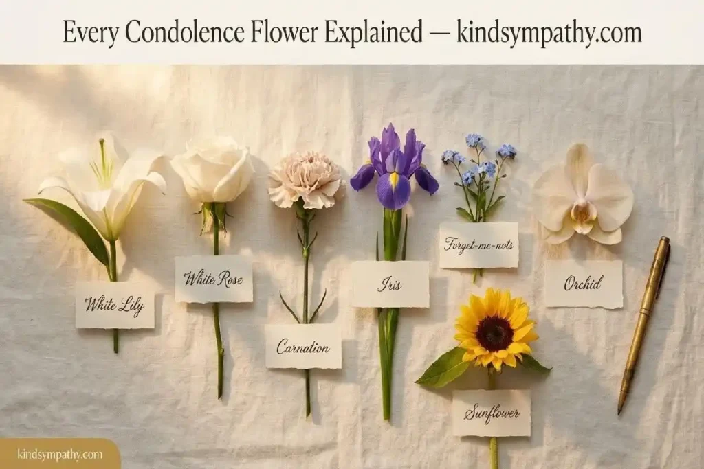 "Flatlay of condolence flowers including white lily rose iris orchid forget-me-not and sunflower with handwritten labels representing condolence flowers meaning guide"
