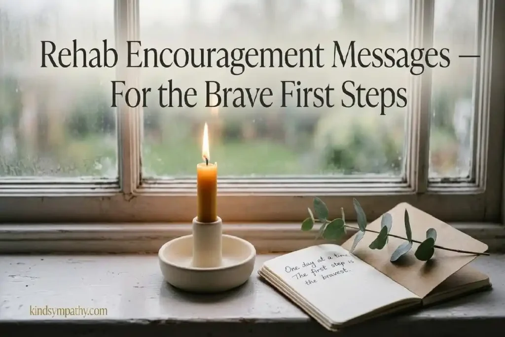 "Lit candle beside open notebook with eucalyptus on a windowsill representing rehab encouragement messages for someone early in addiction recovery"
