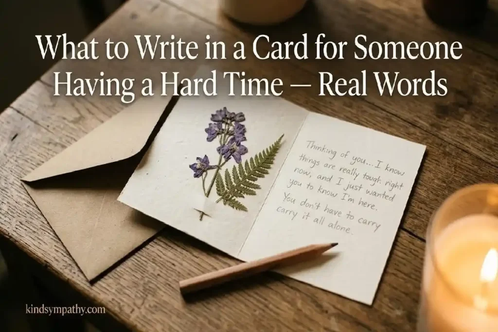 "Open handwritten greeting card with dried pressed flower and pencil on oak table representing what to write in an encouragement card for hard times"
