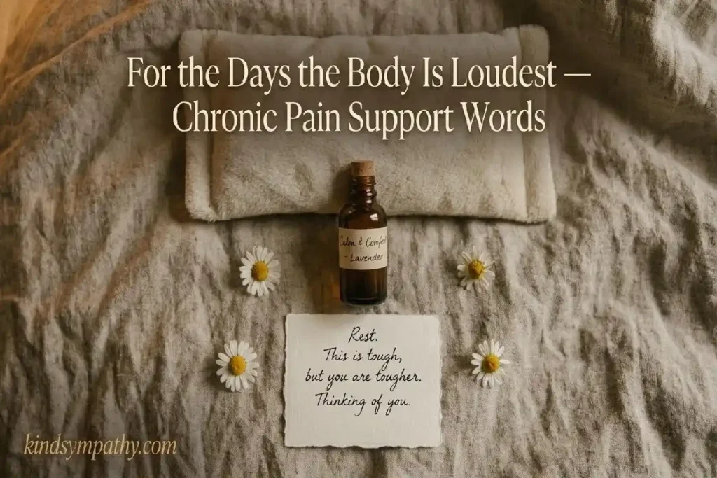 "Heating pad dried flowers and handwritten note on warm linen representing chronic pain support messages for hard days"
