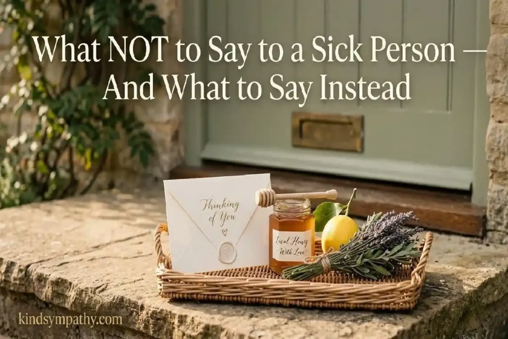 "Doorstep tray with card honey and lavender representing what not to say to a sick person and kind illness messages"
