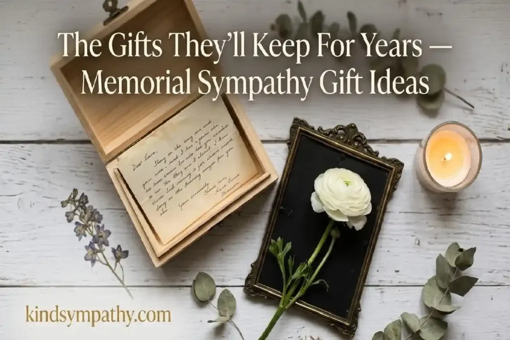 "Open memory box with handwritten letter, white ranunculus and candle on white wood surface representing lasting memorial sympathy gift ideas"
