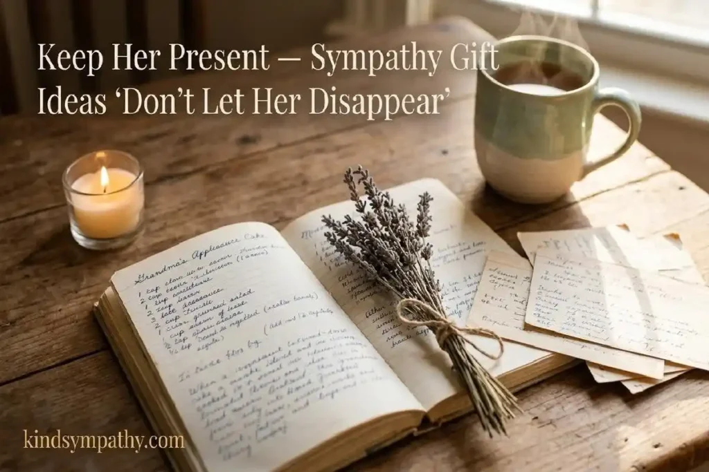 "Open handwritten recipe book with dried lavender and candle on wooden table representing sympathy gifts that keep a mother's memory present"
