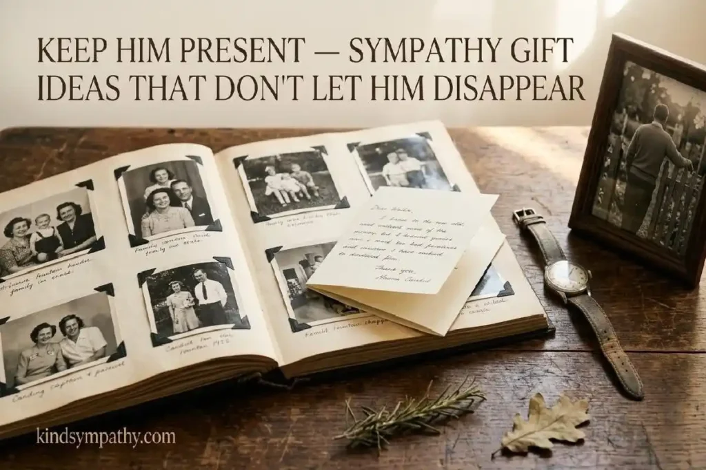 "Open scrapbook with old family photographs, worn wristwatch and handwritten note on wooden table representing sympathy gifts that keep a father's memory present"
