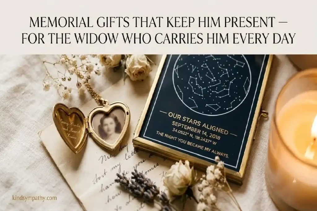 "Gold locket, star map and handwritten letter on cream surface representing memorial gifts for a widow keeping husband's memory present"
