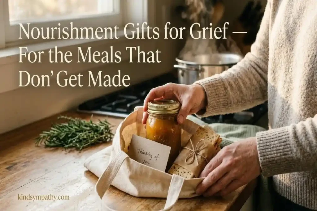 "Hands packing homemade soup and handwritten note into gift bag representing food and nourishment bereavement gift ideas for someone grieving"