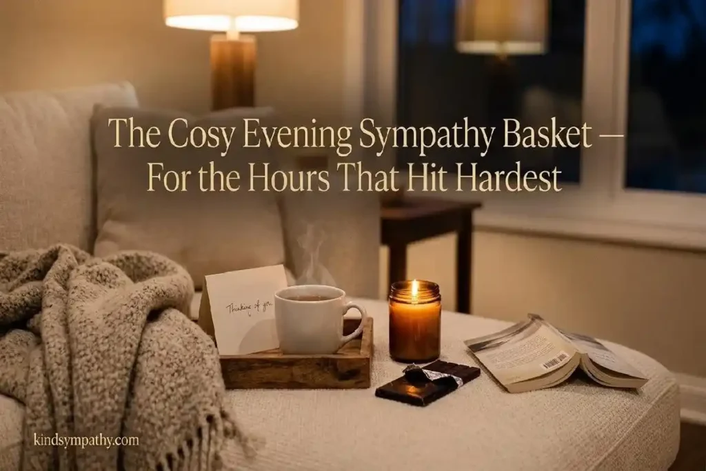 "Overhead flatlay of DIY sympathy basket items laid out on wooden table including candle, tea, socks and handwritten card ready to assemble"
