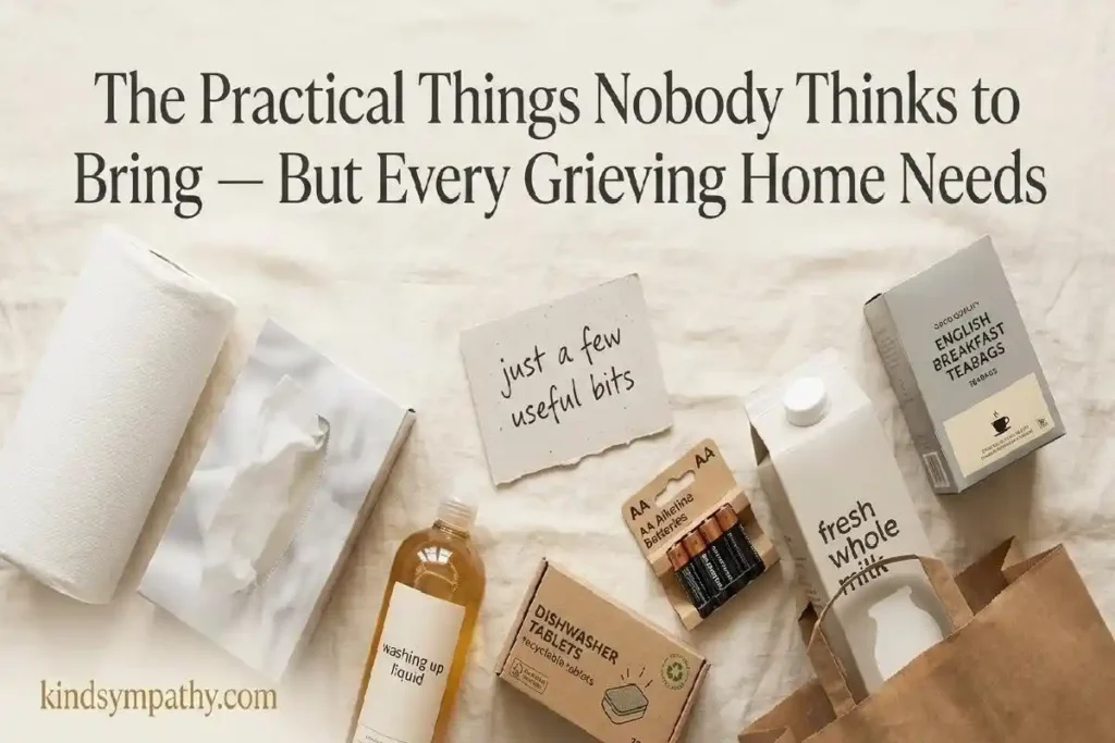 "Overhead flatlay of practical household essentials including tissues milk teabags and washing up liquid representing practical gifts to bring a grieving home"
