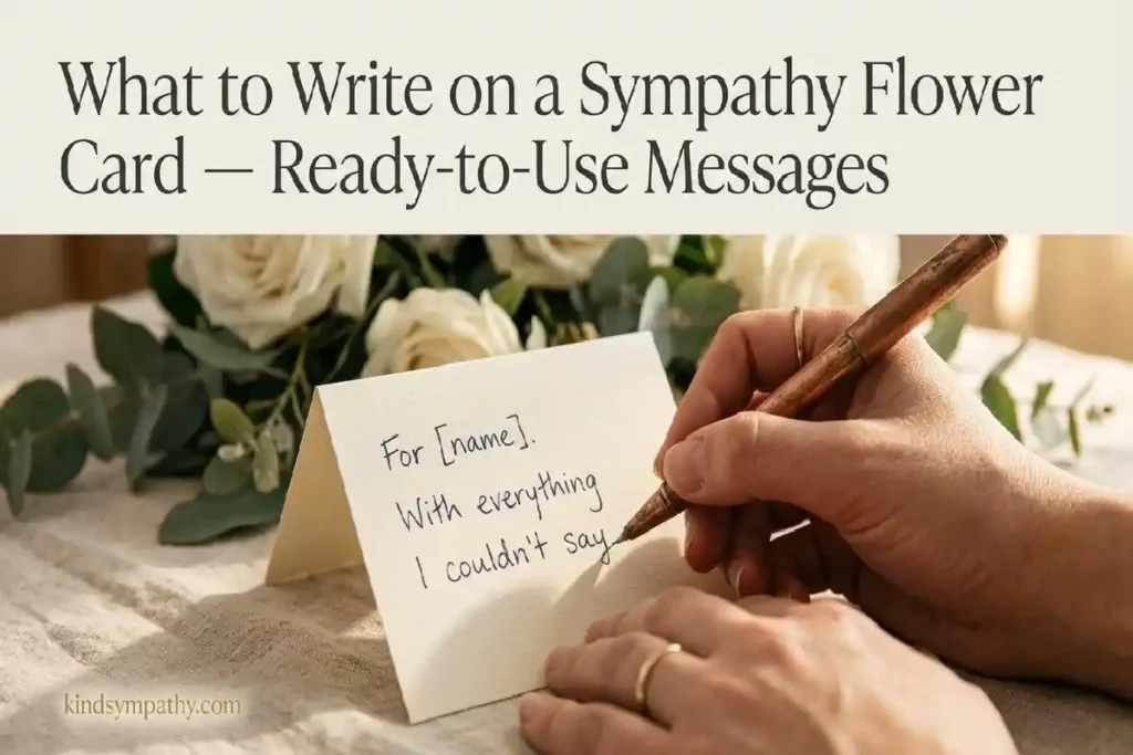 "Hand writing on a small cream florist card beside white roses representing what to write on sympathy flower cards and condolence card messages"
