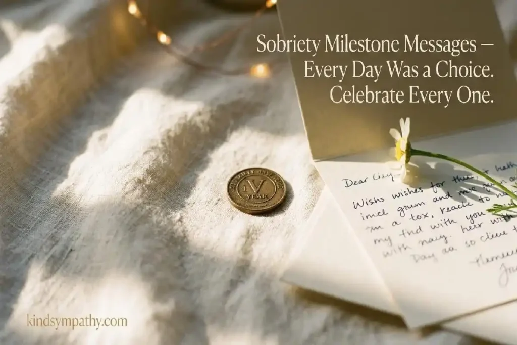 "Sobriety milestone coin beside a handwritten card and white wildflower on linen representing recovery anniversary support messages"
