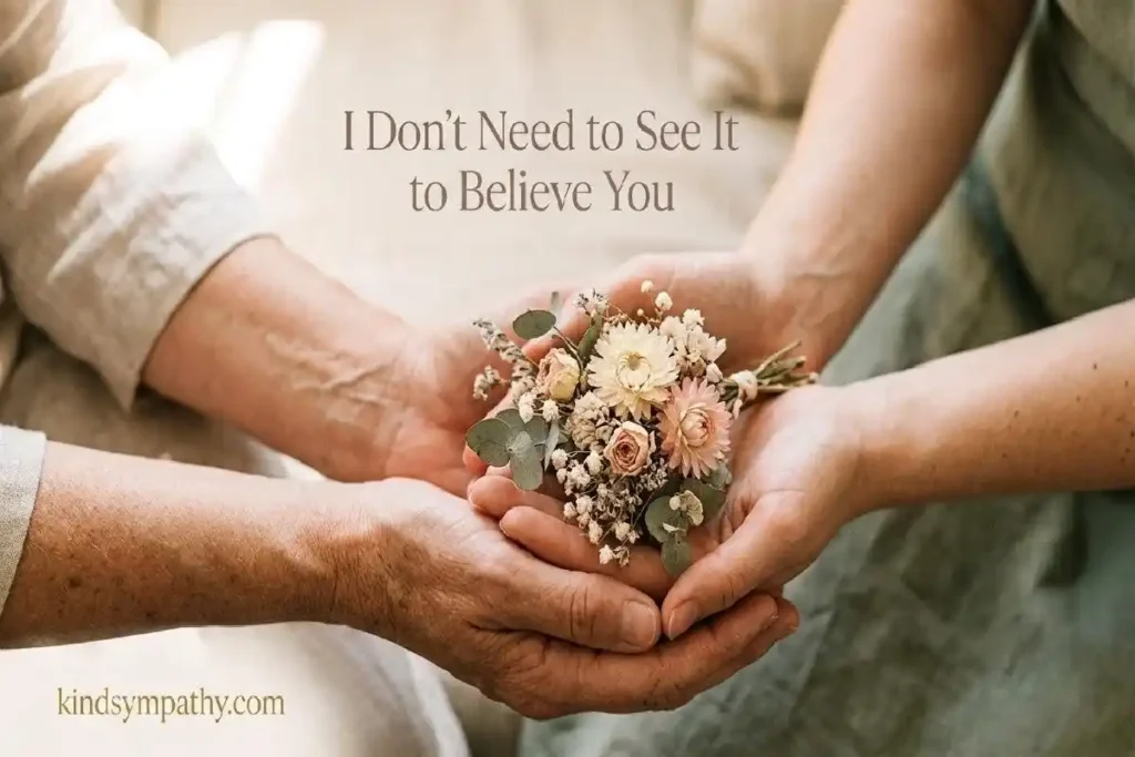 "Two hands holding dried wildflowers representing invisible illness support messages and being believed without needing to prove your pain"
