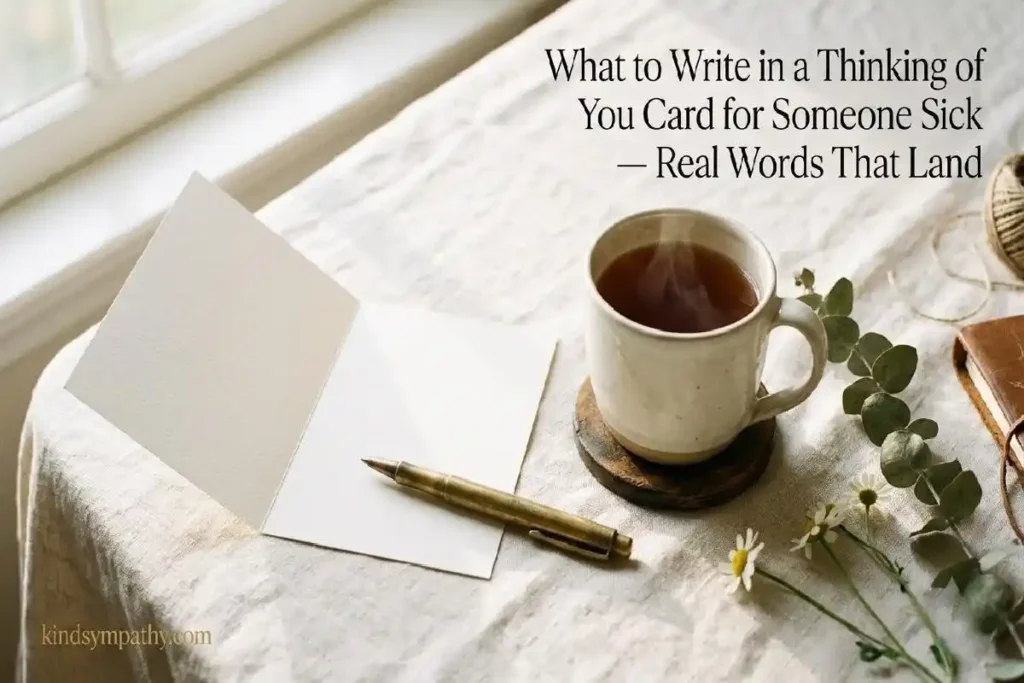 "Open greeting card with pen tea mug and eucalyptus on linen surface representing what to write in a thinking of you illness card"
