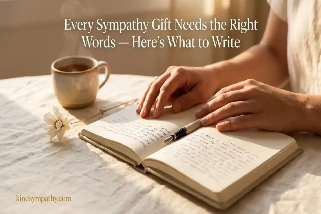"Hands writing in open journal beside tea mug and dried flower representing what to write in a sympathy gift card for bereavement"
