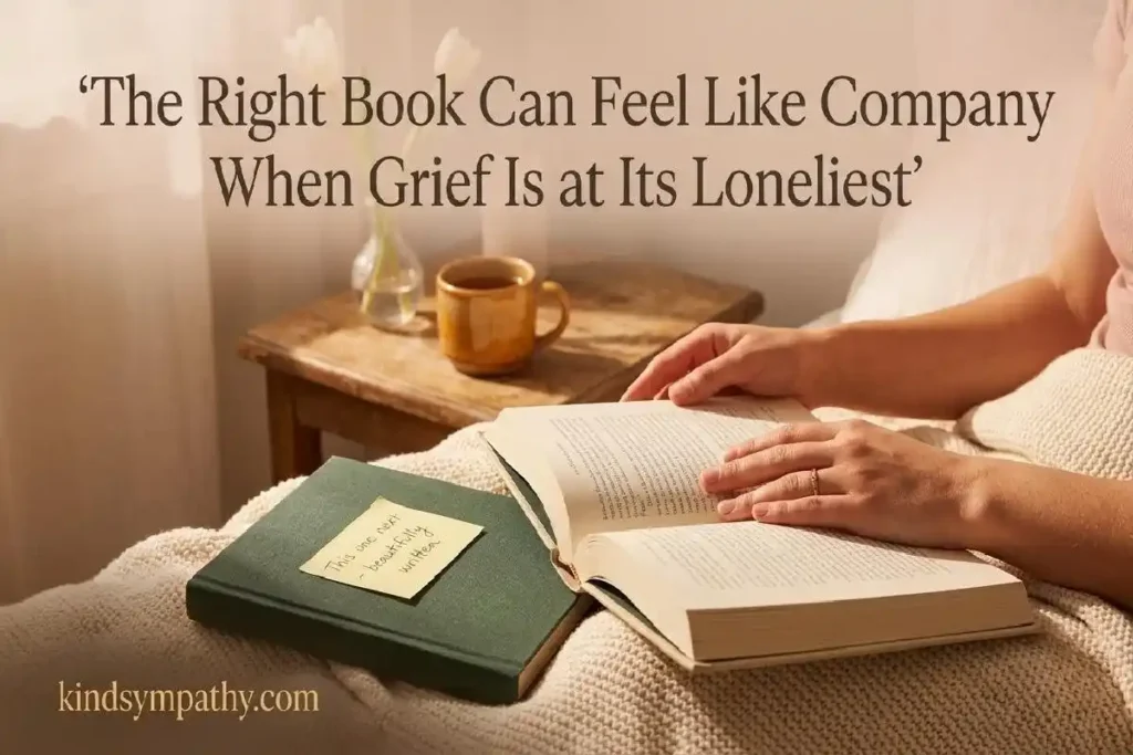 "Hands holding open grief book on cream blanket beside tea mug and white tulip representing books as meaningful sympathy gifts for loss of mother"
