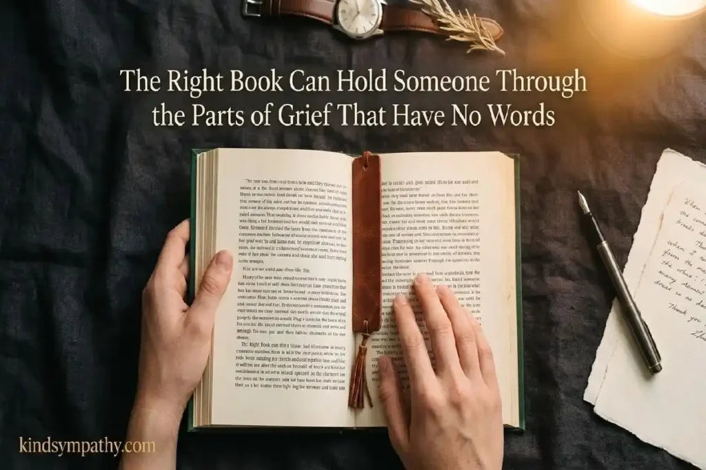 "Hands holding open hardcover grief book beside vintage wristwatch and handwritten note representing books as meaningful sympathy gifts for loss of father"
