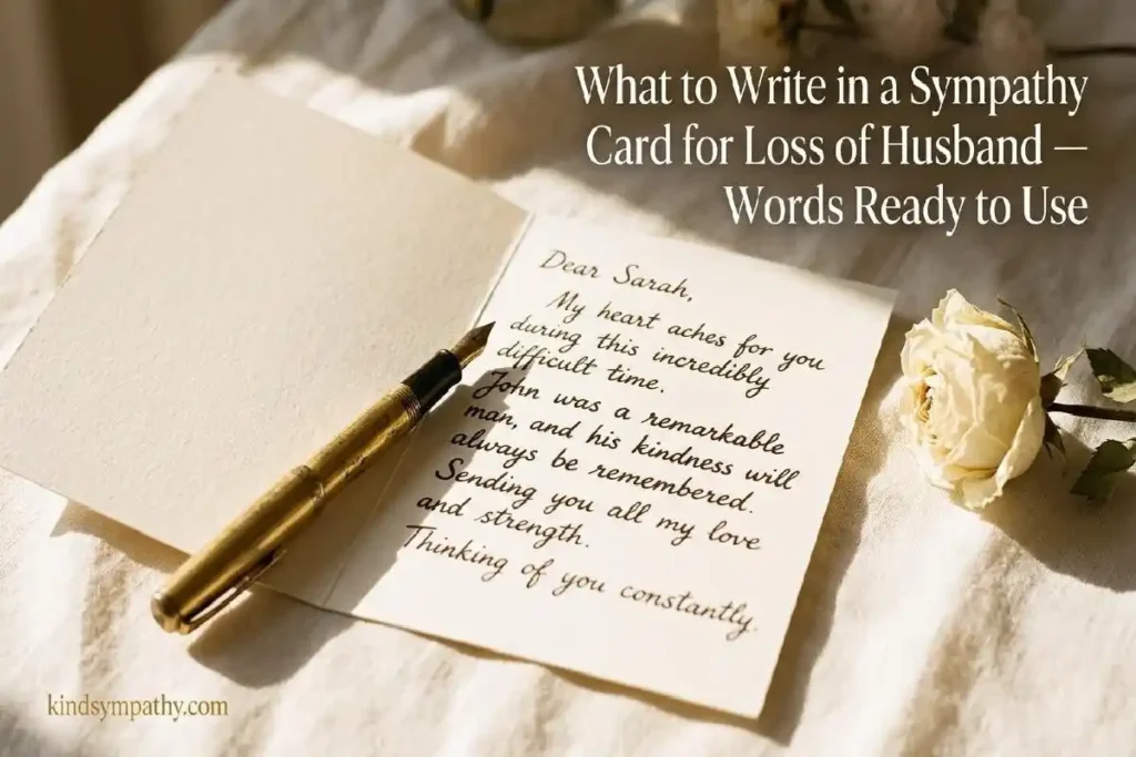 "Handwritten sympathy card with gold pen and dried white rose on linen representing what to write in a card for loss of husband"
