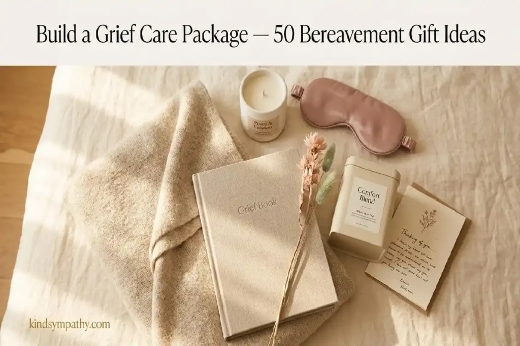 "Complete bereavement care package flatlay with throw blanket, grief book, candle, tea and handwritten card on warm linen surface"
