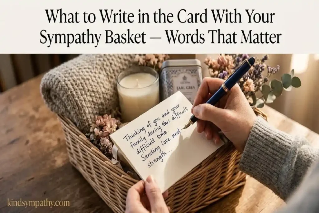 "Hand writing sympathy card on top of assembled wicker condolence basket with knit throw and dried flowers in warm golden light"
