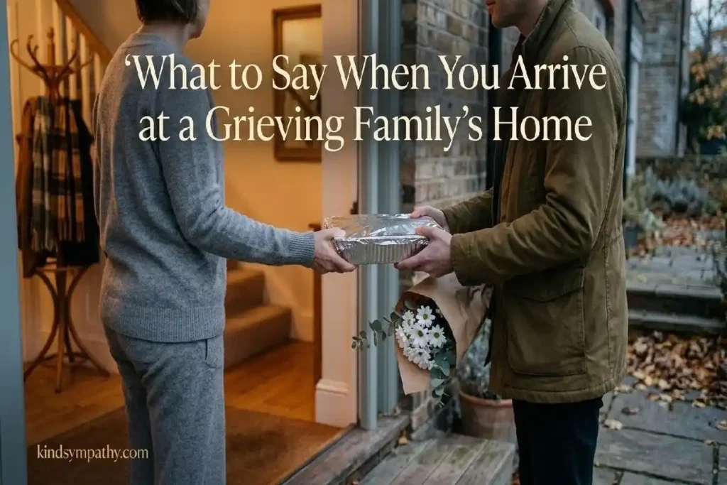 "Two people at open front door exchanging casserole dish and flowers representing what to say and do when visiting a grieving family"
