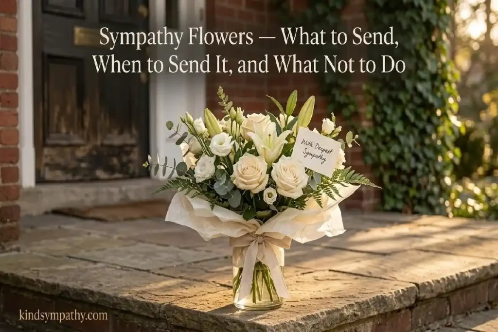 "White rose and lily sympathy arrangement in glass vase on stone doorstep with handwritten card representing sending condolence flowers to a grieving home"
