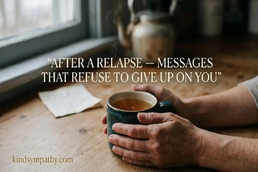 "Hands cradling a warm mug at a quiet table representing support messages for someone in addiction recovery after a relapse"
