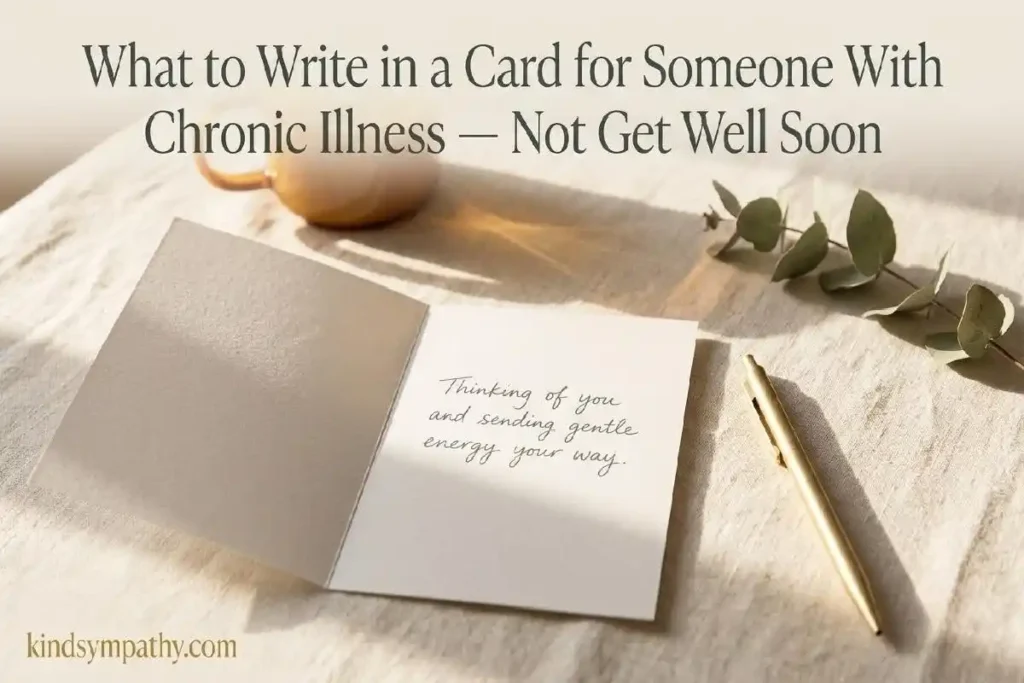 "Open handwritten notecard with pen and dried eucalyptus on linen representing what to write in a card for someone with chronic illness"
