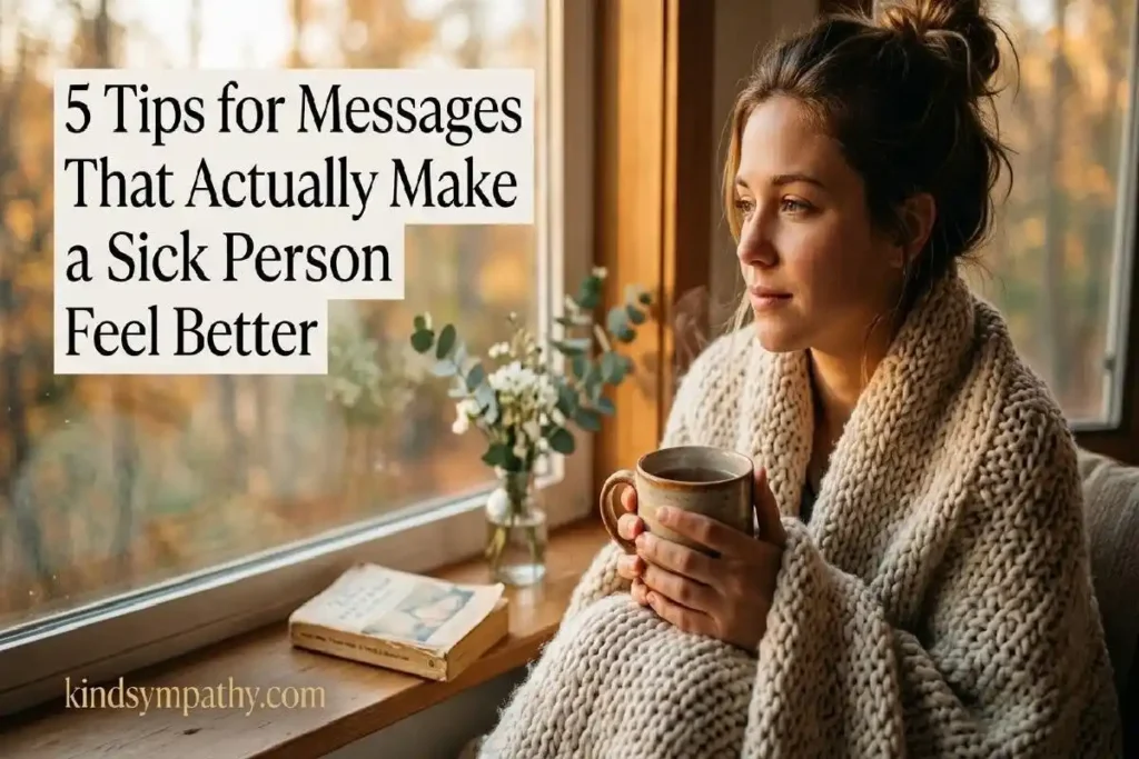 "Person wrapped in cream blanket holding tea mug by window representing tips for thinking of you messages that help a sick person feel better"
