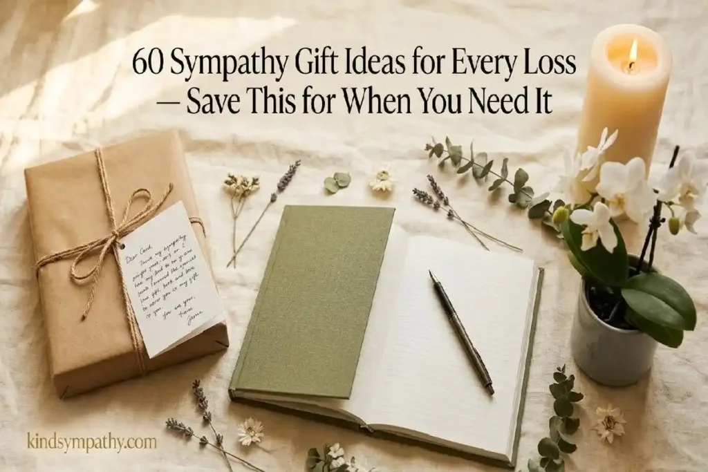 "Wrapped gift parcel, memory journal, white orchid plant and candle flatlay representing 60 sympathy gift ideas for every type of loss"
