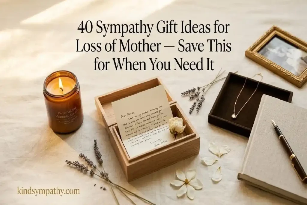 "Memorial candle, keepsake memory box, gold necklace and journal flatlay representing 40 sympathy gift ideas for loss of mother"
