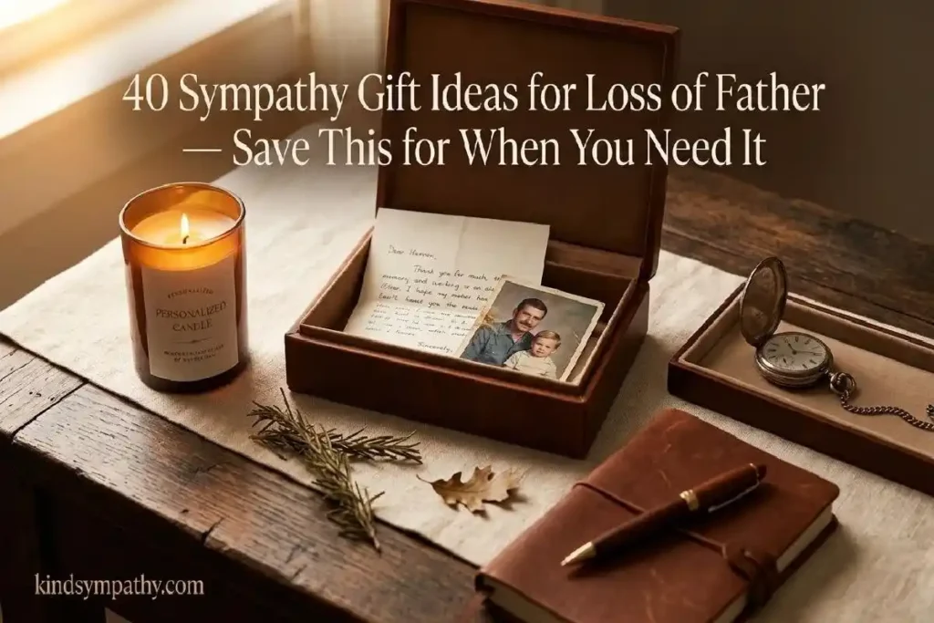 "Memorial candle, leather memory box, engraved pocket watch and journal flatlay representing 40 sympathy gift ideas for loss of father"
