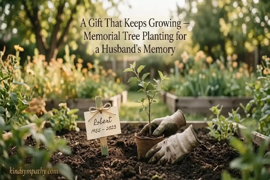 "Woman's hands planting memorial tree sapling with handwritten card representing sympathy gift of tree planting for loss of husband"

