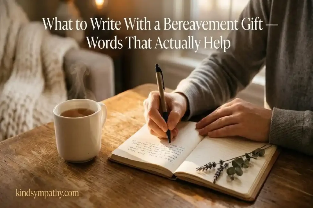 "Hands writing in notebook beside tea mug representing what to write in a card with a bereavement gift for someone grieving"