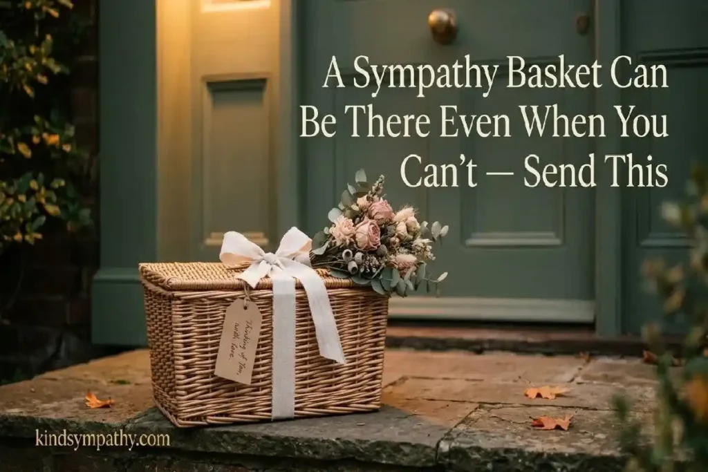 "Wicker sympathy basket with cream bow and dried flowers sitting on doorstep in warm porch light representing condolence gift sent from distance"
