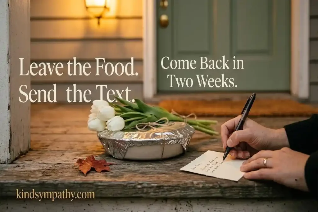"Hand writing note card beside foil dish and white tulips on doorstep representing leaving food for a grieving family with a personal message"
