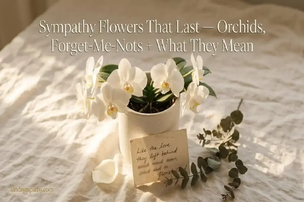 "Potted white orchid with handwritten sympathy card and rose petal on linen surface representing lasting sympathy flowers meaning and condolence plant gifts"
