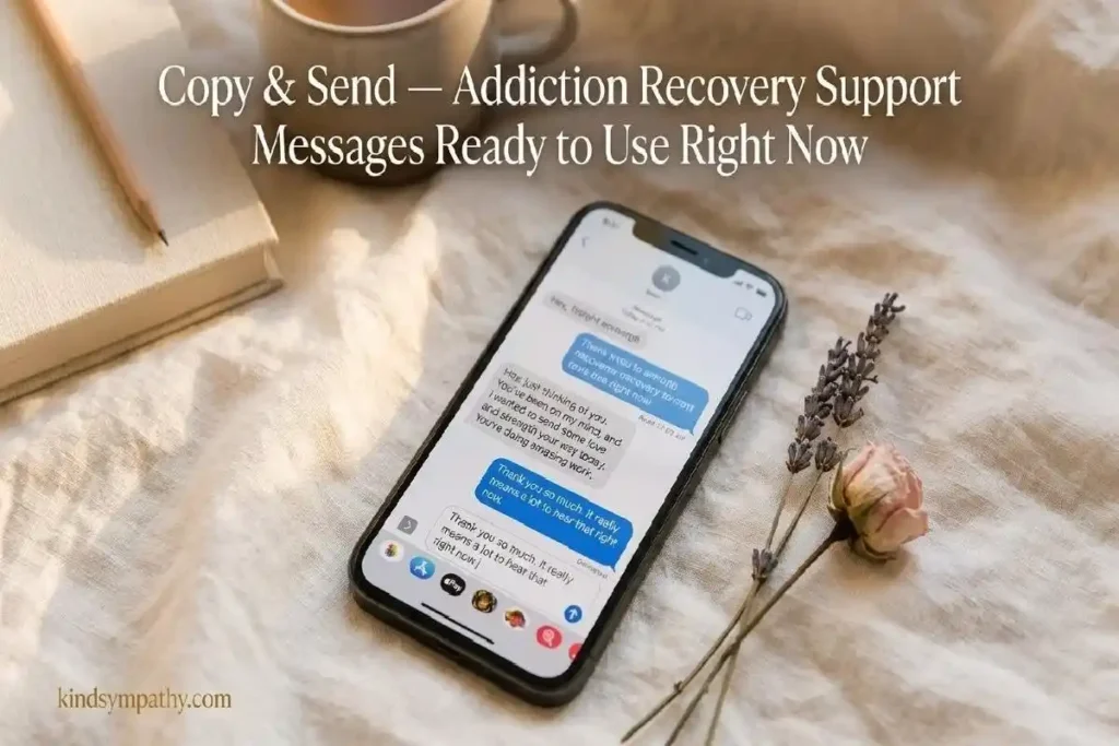 "Smartphone with recovery encouragement text message on linen surface representing copy and paste addiction recovery support messages ready to send"
